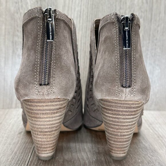 Vince Camuto Sandals Womens Size 8.5M Cone Heel Peep Toe Zip Pump Leather Taupe - Picture 5 of 13